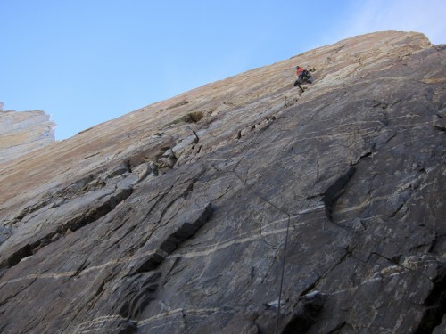 Colin on the first pitch above the notch - the start of the really great climbing. Photo by Sarah Hart