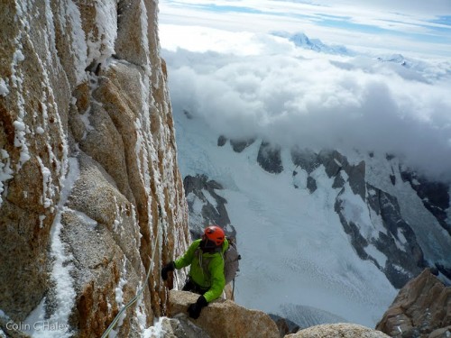 Dylan near the top of the Supercanaleta, as clouds engulf the Pollone group