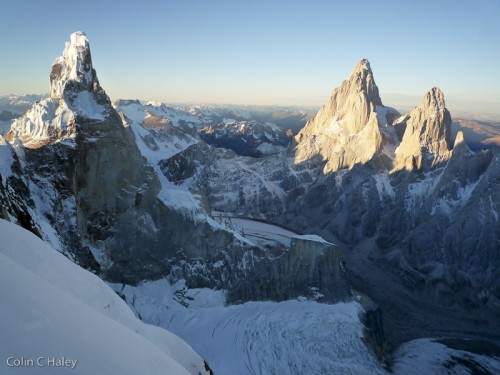 Evening light on Cerro Torre, Fitz Roy and Aguja Poincenot
