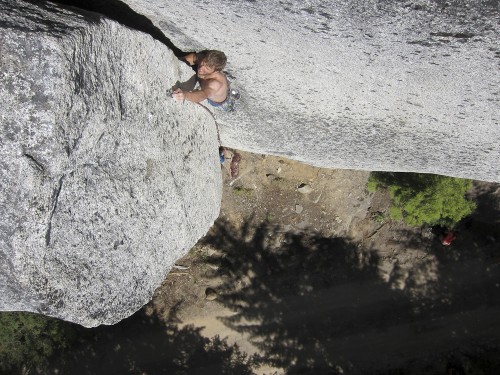 Nick Elson near the top of "Dead Bernardo's Crack" (5.11c), at Ultraviolet Cliff