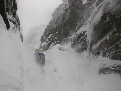 Bjørn-Eivind a bit higher in the gully, almost getting knocked off by the spindrift