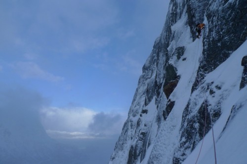 Myself starting up the runout first pitch of the Swiss Route. Photo by Bjørn-Eivind Årtun.