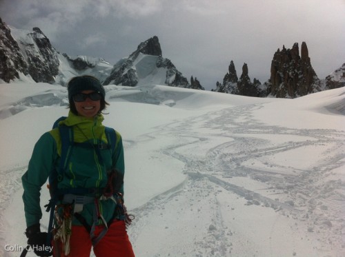 Sarah enjoying creamy spring powder on the Mont Mallet glacier.