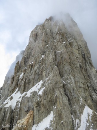 Looking up at the eastern aspect of the "big tower," from the summit of Aguja Antipasto.