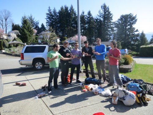 Jame, Chris, Andy, Will, Dylan and Colin fueling up on Aunt Mel's blueberry crisp in Abbotsford, before driving to the Slesse trailhead.