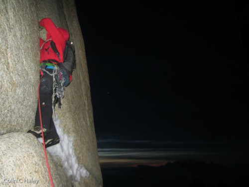 Alex starting the fifth pitch of Directa de la Mentira, and the night climbing.