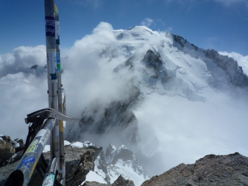 From the summit of Mont Blanc du Tacul I raced down the standard route as fast as I could and back up to the top of the Aiguille du Midi, just barely catching the last cabin down for the day. Mont Blanc from the summit of Mont Blanc du Tacul
