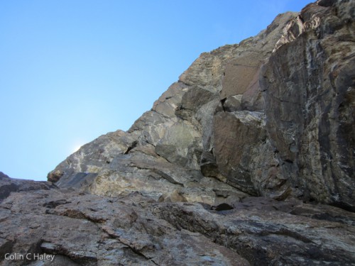 Looking up to the first crux section of El Dragón.
