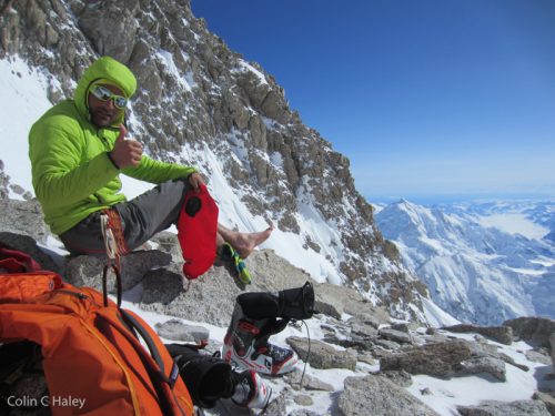 Rob at a sock-drying break in the Rescue Gully, while acclimatizing on Denali.